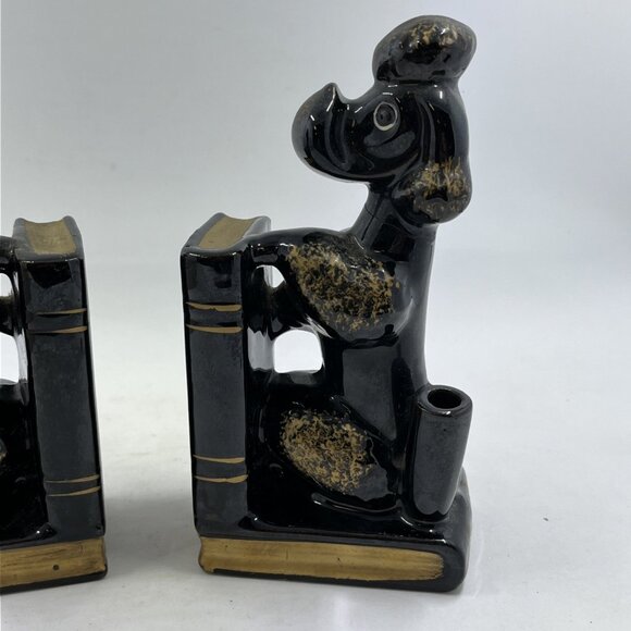 Vintage Black Poodle Dog Porcelain Bookends Set Pen Pencil Holder Japan - Picture 4 of 13